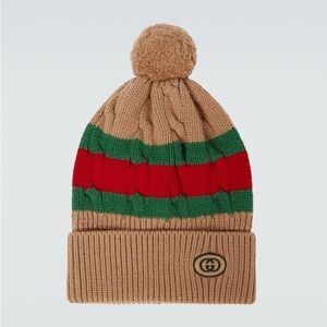 Gucci Beige Wool Knit Hat with Red and Green Bands